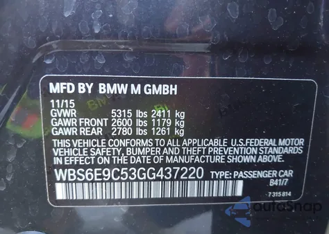 2016 BMW M6 Gran Coupe z USA, uszkodzony, nr VIN WBS6E9C53GG437220